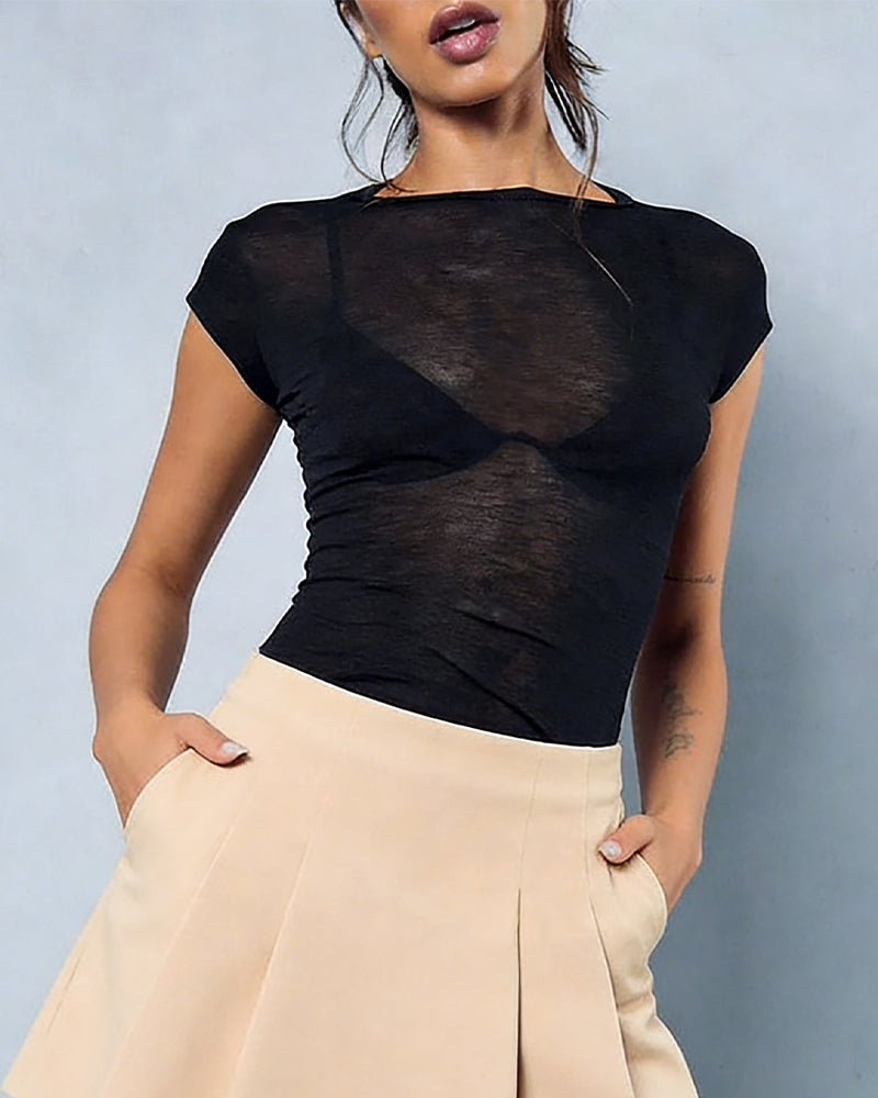 Round Neck Cap Sleeve Semi-Sheer Minimalist Slim Fit Top