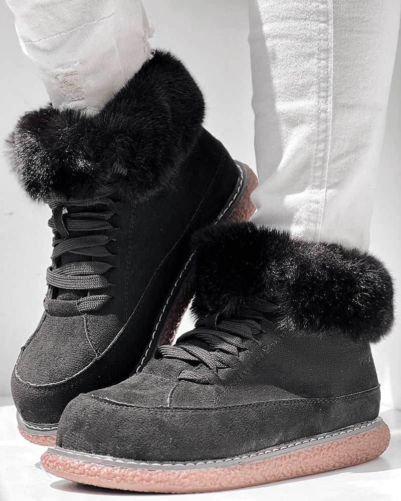 Fuzzy Detail Lined Lace-up Snow Boots