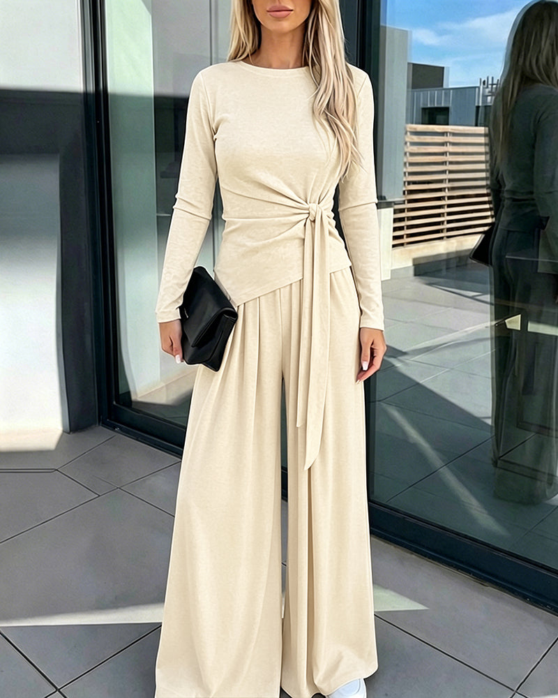 CHICME ESSENCE Women's 2 Piece Knit Lounge Set Long Sleeve Tie Waist Top and High Waisted Wide Leg Pants Casual Soft Sweatsuit with Pockets