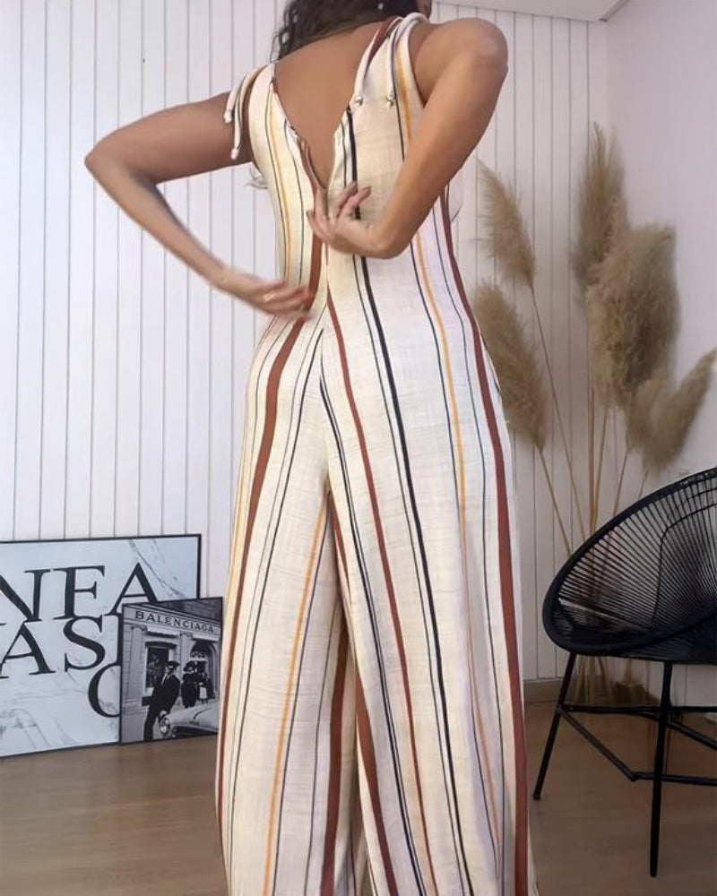 Women's V Neck Bow Tie Shoulder Striped Jumpsuit Casual Loose Wide Leg Overalls with Pockets