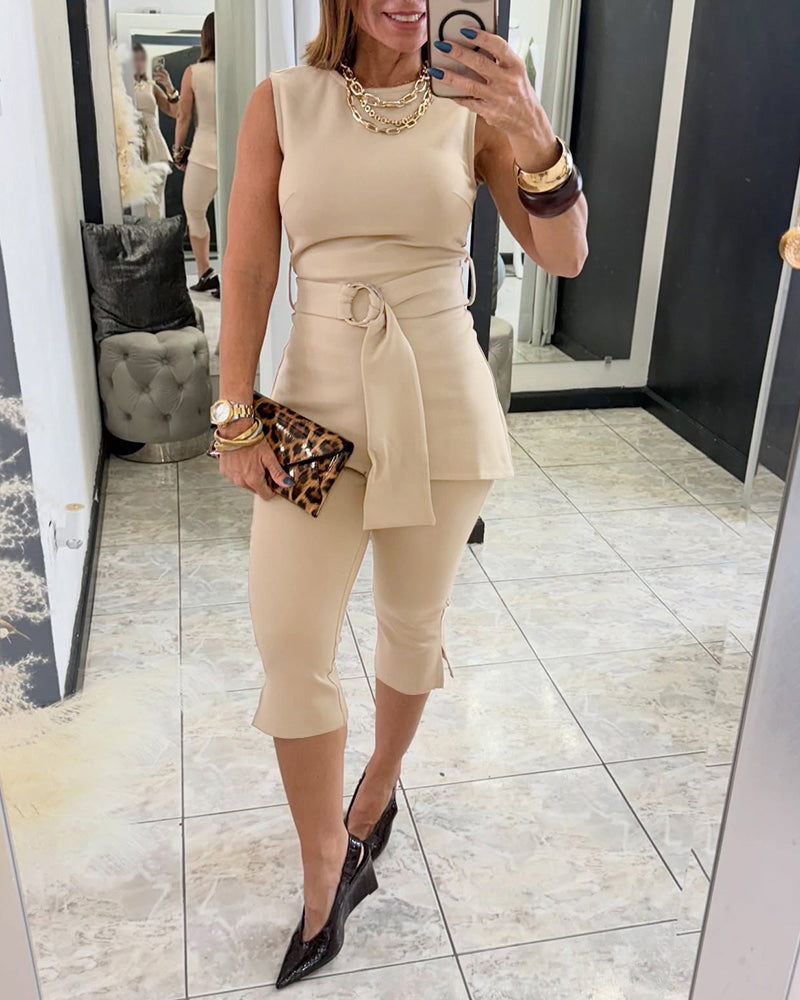 Women's 2 Piece Outfit Sleeveless Asymmetrical Hem Top and High Waist Side Slit Capris Set
