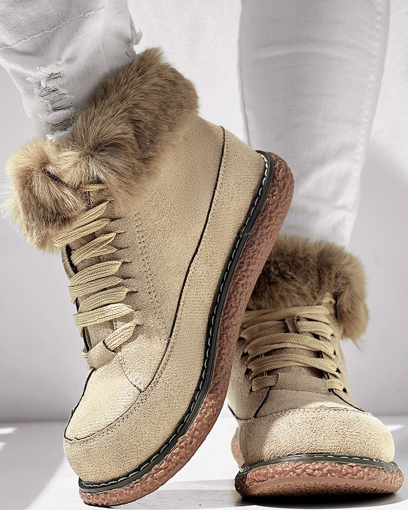 Fuzzy Detail Lined Lace-up Snow Boots