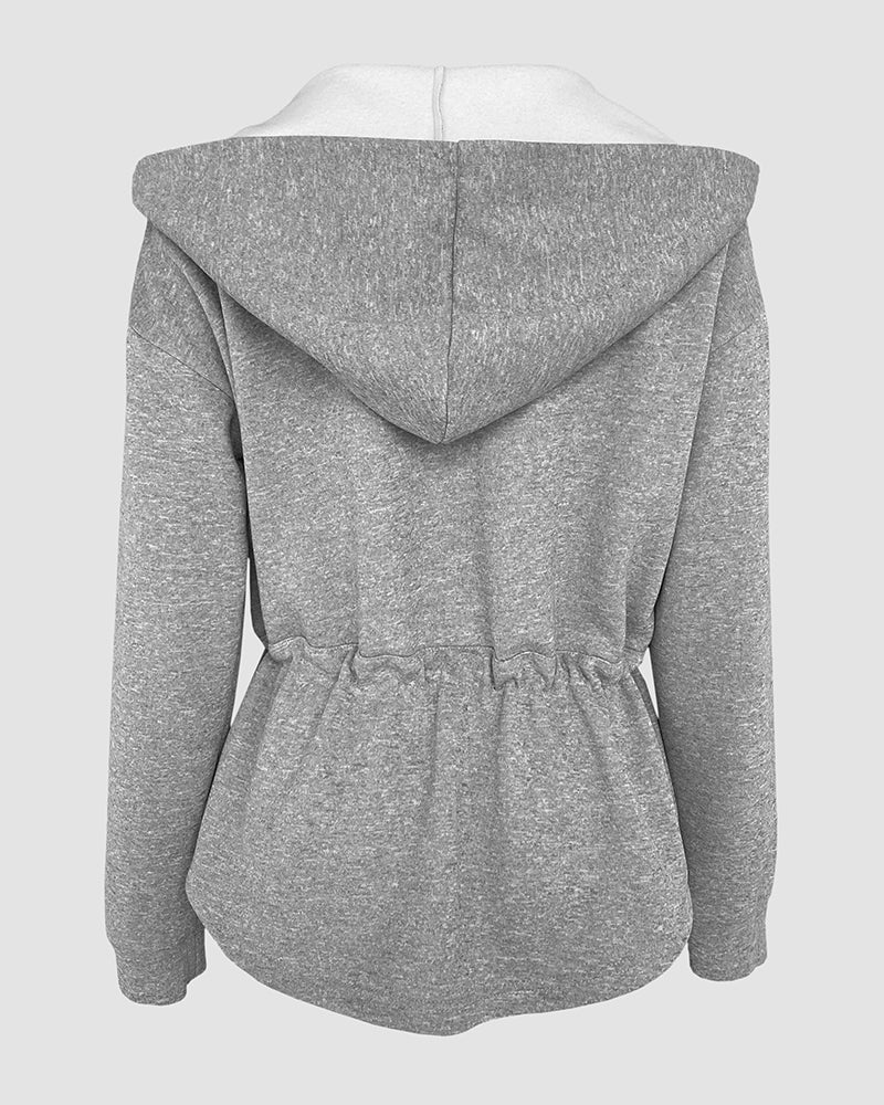 Women's Hooded Drawstring Waist Jacket Casual Zip Up Curved Hem Coat