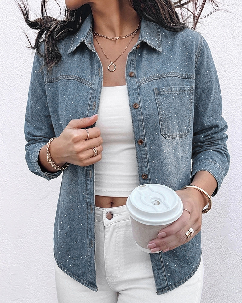 Women's Rhinestone Denim Jacket Washed Button-Down Shacket Sparkling Loose Fit Long Sleeve Casual Outerwear