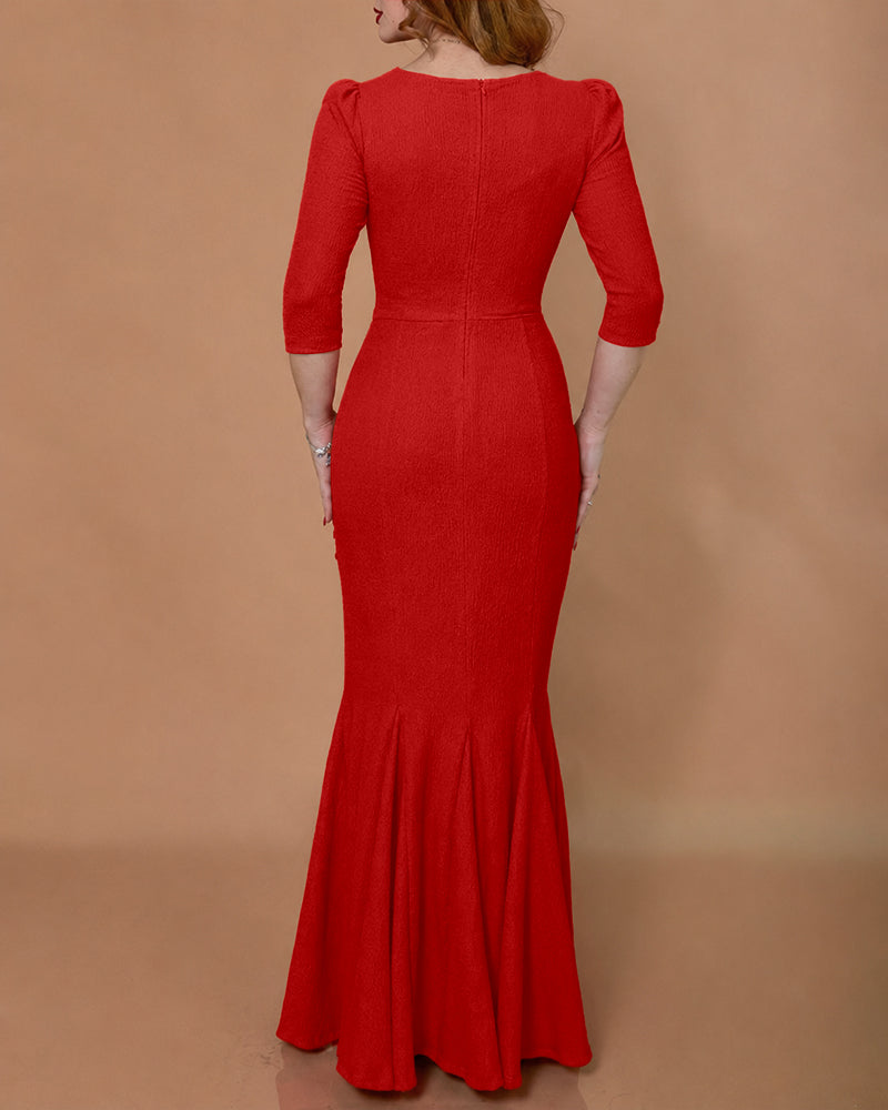 Women's 3D Floral Twist Mermaid Maxi Evening Gown Elegant Three Quarters Sleeve Bodycon Party Dress
