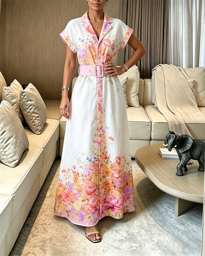 Women's Floral Print Maxi Dress Notched Collar Button Down Swing Dress Elegant French Style Vacation Dress with Belt
