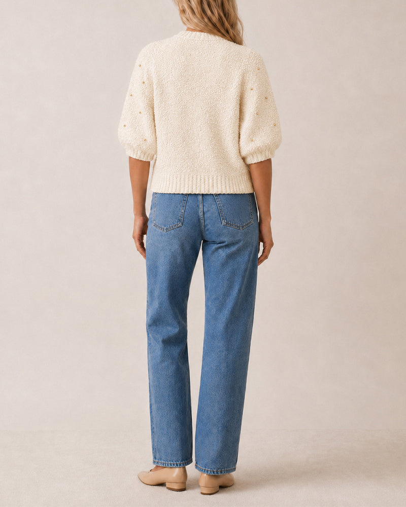 Women's Boucle Knit Cardigan Gold Beaded Puff Sleeve Sweater Crewneck Button Up Elegant Crop Outerwear