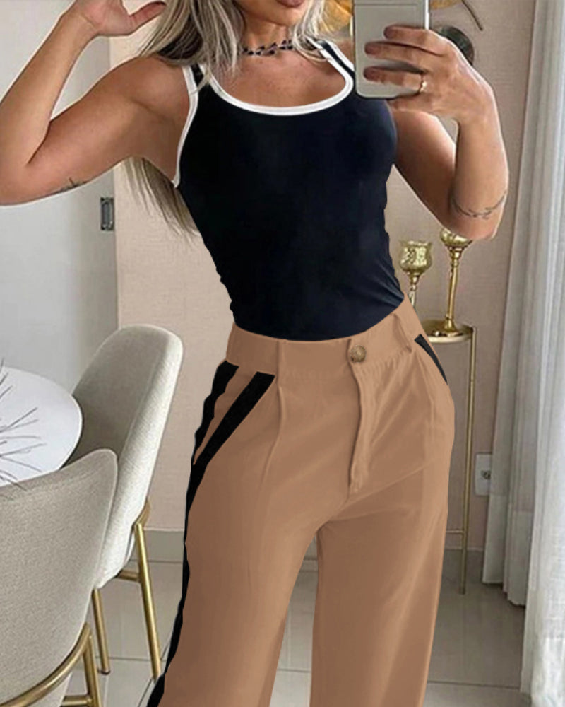 2 Piece Contrast Binding Sleeveless Slim Fit Tank Top and Striped Pants Sets Tracksuits Match Sets