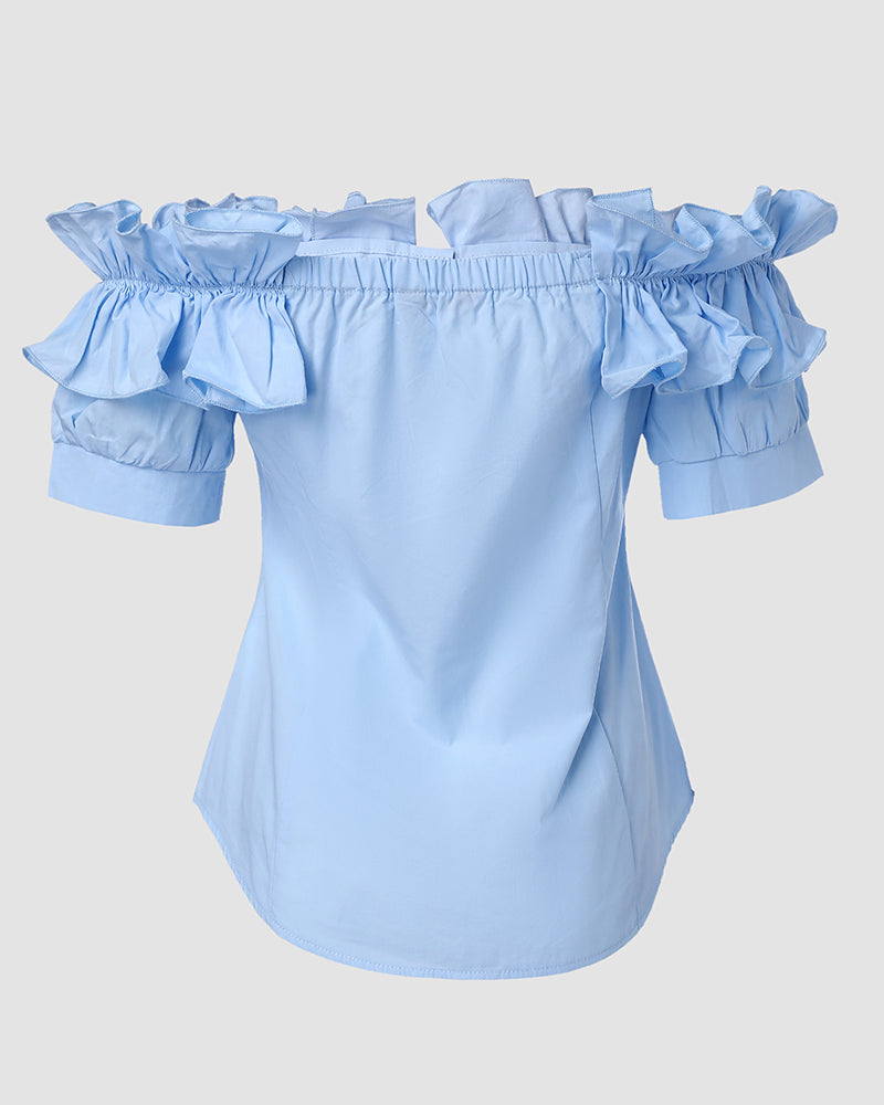 Ruffles Off Shoulder Short Sleeve Button Front Blouse Asymmetrical Hem Top