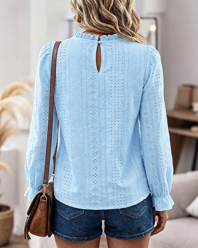Women's French Style Eyelet Embroidery Blouse Elegant Frill Hem Stand Collar Puff Sleeve Top Lace Patchwork Shirt