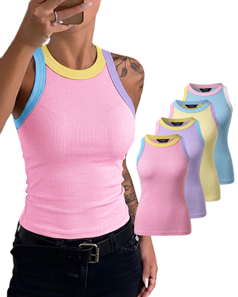 Women's Contrast Trim Ribbed Tank Top Slim Fit Sleeveless Round Neck Basic Camisole for Streetwear & Layering