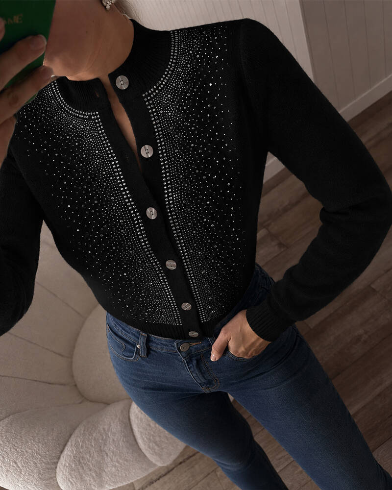 Women's Rhinestone Crewneck Knit Cardigan Button Down Long Sleeve Sweater Top
