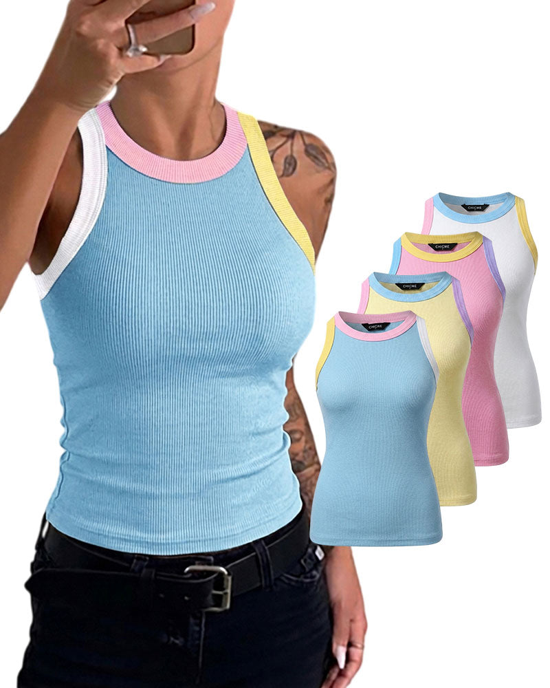 Women's Contrast Trim Ribbed Tank Top Slim Fit Sleeveless Round Neck Basic Camisole for Streetwear & Layering
