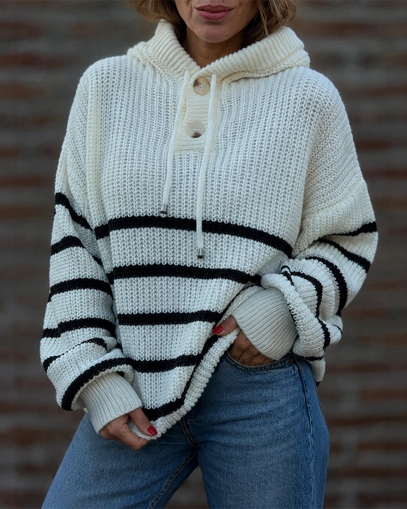 Women's Striped Henley Drawstring Hooded Sweater Loose Fit Lantern Sleeve Knit Pullover