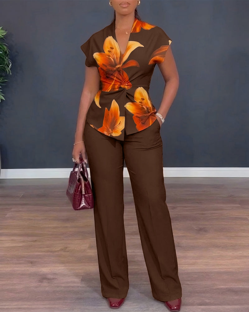 Women's Two Piece Outfit Vintage Floral Twist Front Top and Straight Leg Pants Set