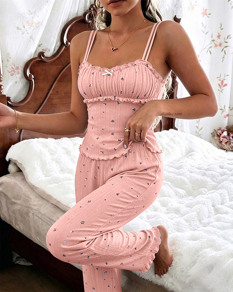 CHICME ESSENCE Women's Ditsy Floral Print Pajama Set Ruched Cami Top and Straight Leg Pants Casual Frill Hem Lounge Set with Pockets