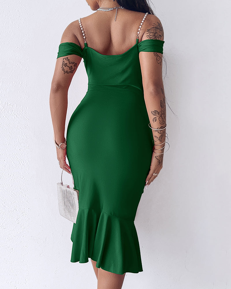 Women's Cold Shoulder Adjustable Pearls Straps Bodycon Dress Cowl Neck Asymmetrical Ruffle Hem Party Dress