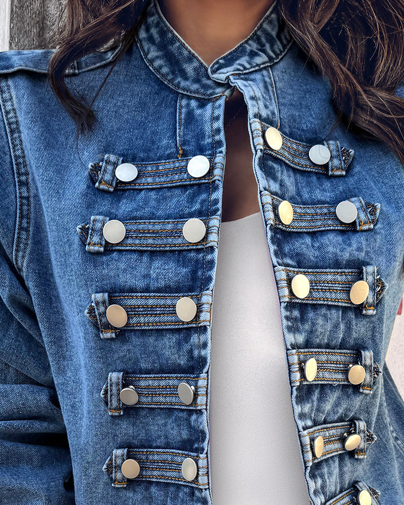 Button Decor Stand Collar Long Sleeve Jacket Casual Denim Coat