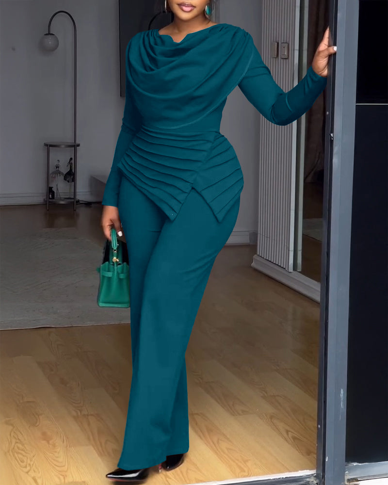 Cowl Neck Asymmetrical Textured Patchwork Cinched Waist Jumpsuit Casual Zipper Back Wide Leg Jumpsuit