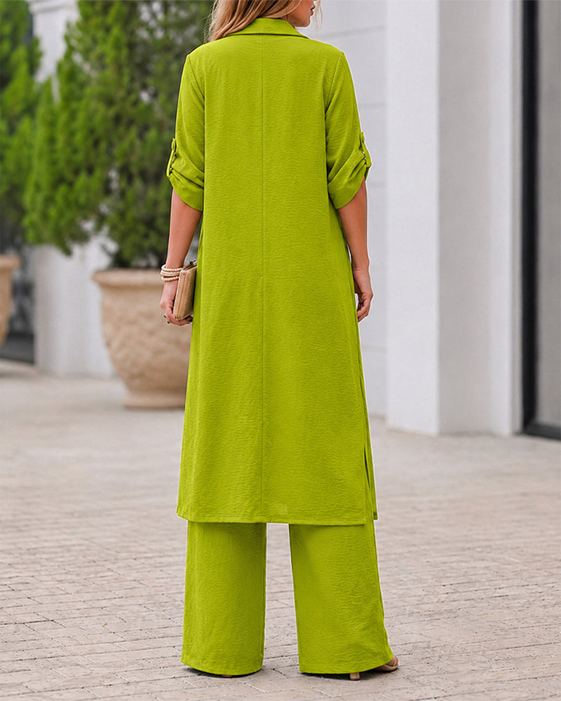 Women's 2 Piece Outfit Lapel Button Down Side Slit Longline Top and High Waisted Straight Leg Pants Set
