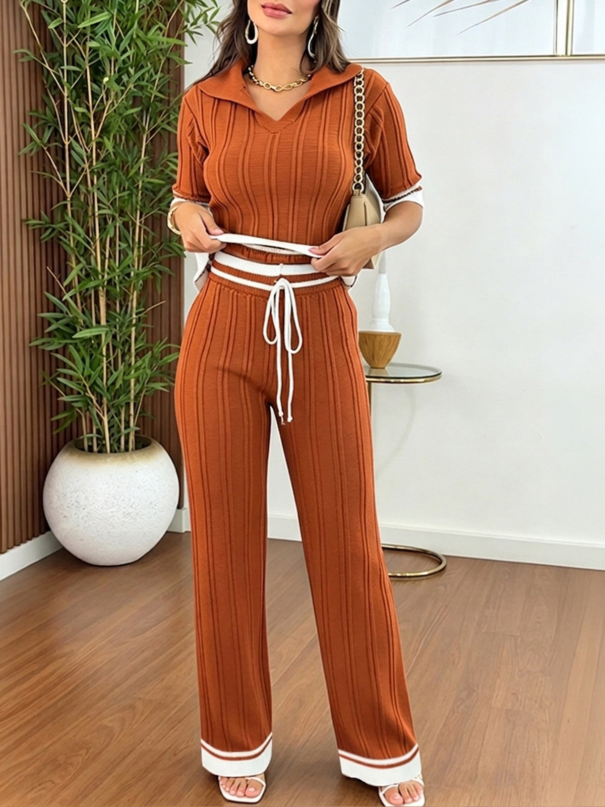CHICME ESSENCE Women's Two Piece Knit Set Contrast Binding Short Sleeve and Drawstring Straight Leg Pants Casual Lounge Set