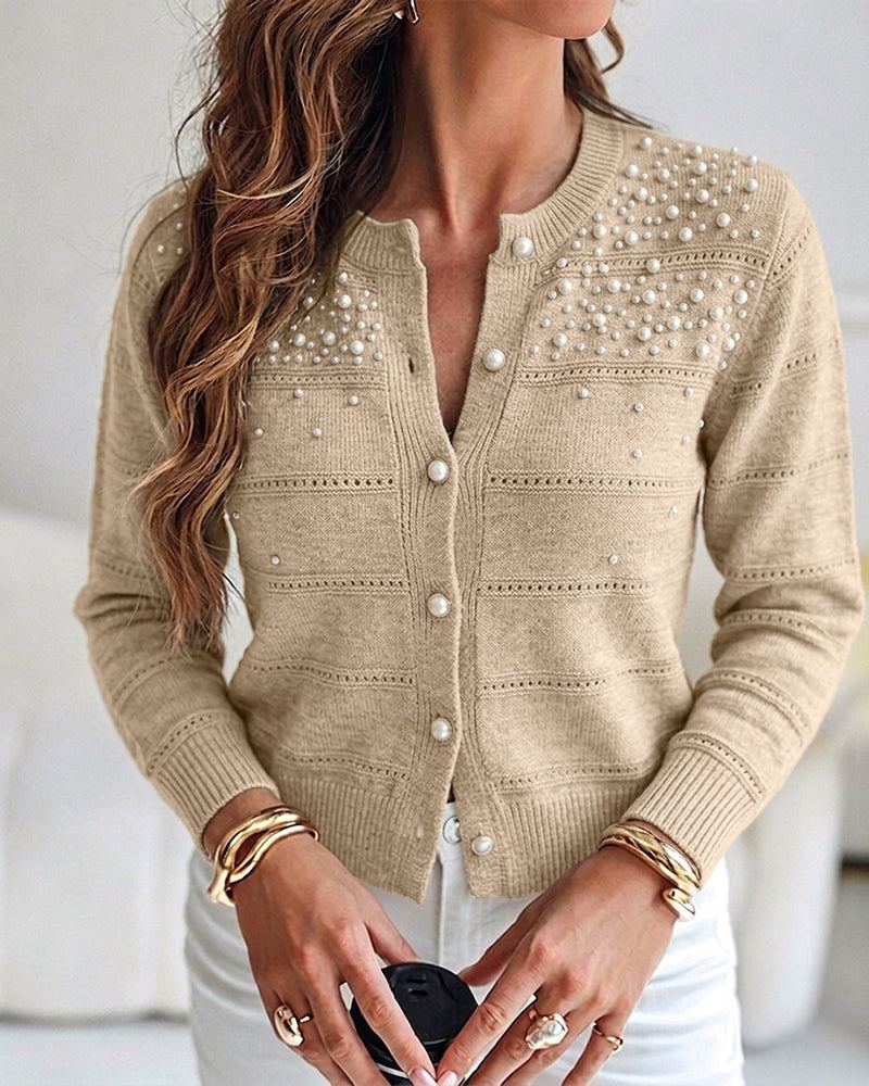 Women's Pearl Beaded Knit Cardigan Elegant Hollow Out Crop Sweater Casual Button Down Coat
