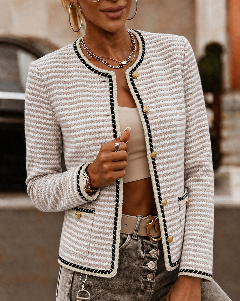 Women's Striped Knit Coat Contrast Binding Button Down Cardigan Round Neck Crop Blazer Coat with Pockets