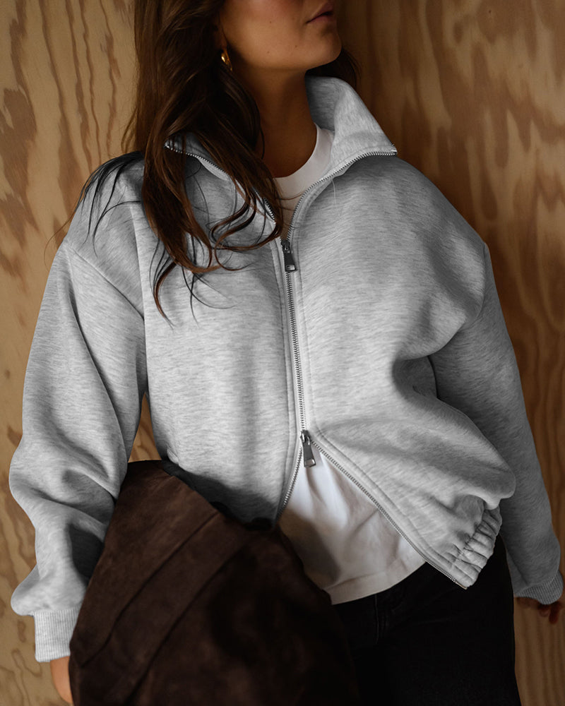 Women's Two-Way Zipper Front Stretchy Hem Coat Stand Collar Drop Shoulder Sweatshirt with Pockets
