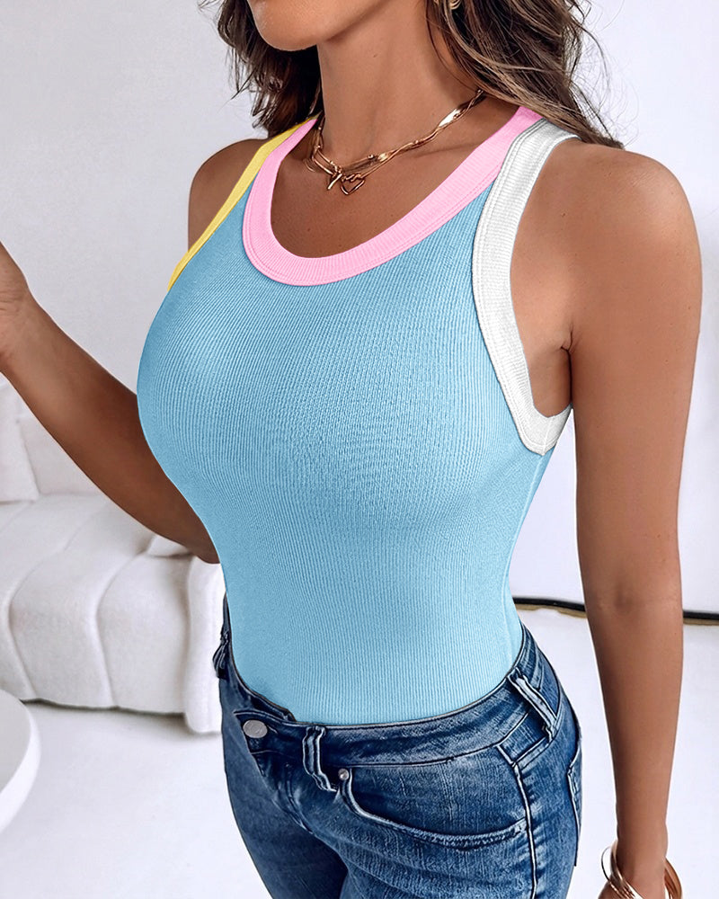 Women's Contrast Trim Ribbed Tank Top Slim Fit Sleeveless Round Neck Basic Camisole for Streetwear & Layering