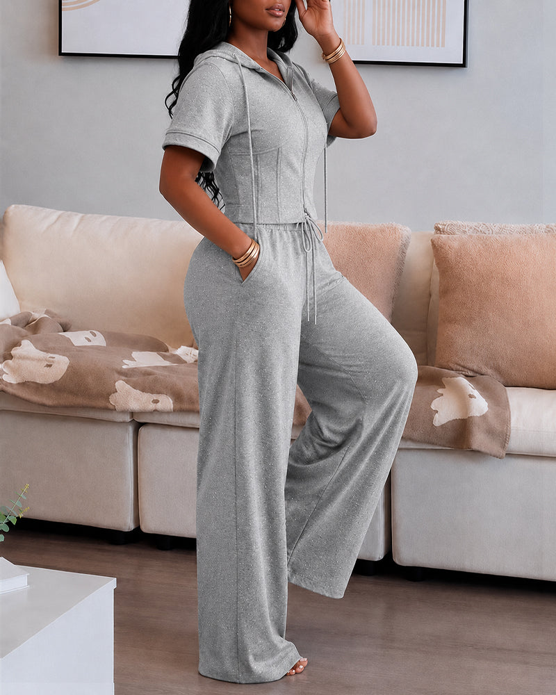 Women's Rhinestone Sweatshirt Set Short Sleeve Hooded Two-Way Zipper Front Crop Top and Wide Leg Sweatpants Set