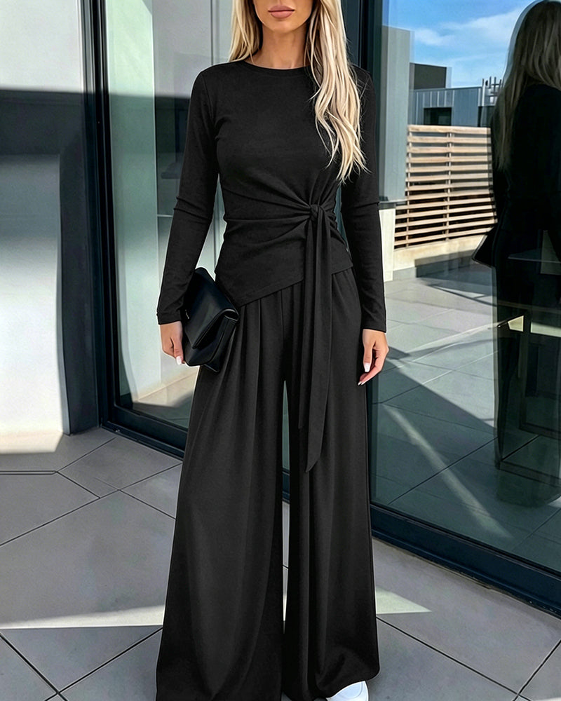 CHICME ESSENCE Women's 2 Piece Knit Lounge Set Long Sleeve Tie Waist Top and High Waisted Wide Leg Pants Casual Soft Sweatsuit with Pockets