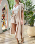 2 Pieces Outfit Turn-down Collar Roll Up Sleeve Button Front Side Slit Mid-length Shirt and Drawstring Elastic Waist Shorts Set Casual Textured Vacation Set