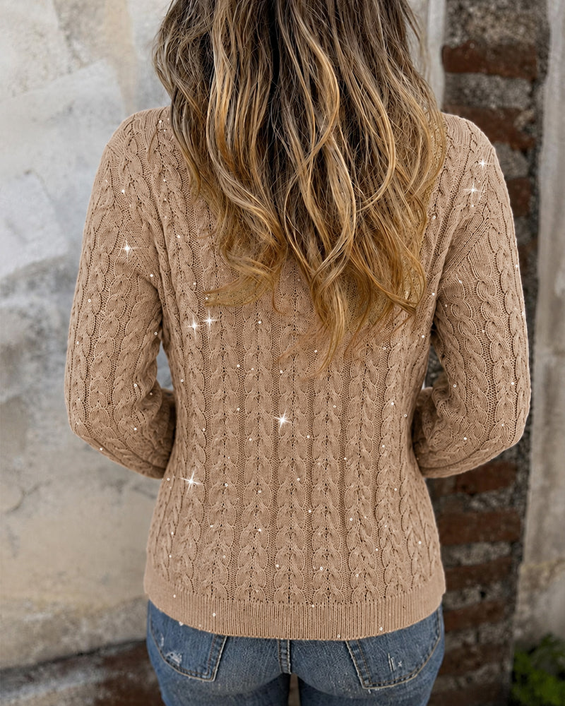 Women's Sequin Cable Knit Cardigan V Neck Button Down Slim Fit Long Sleeve Sweater