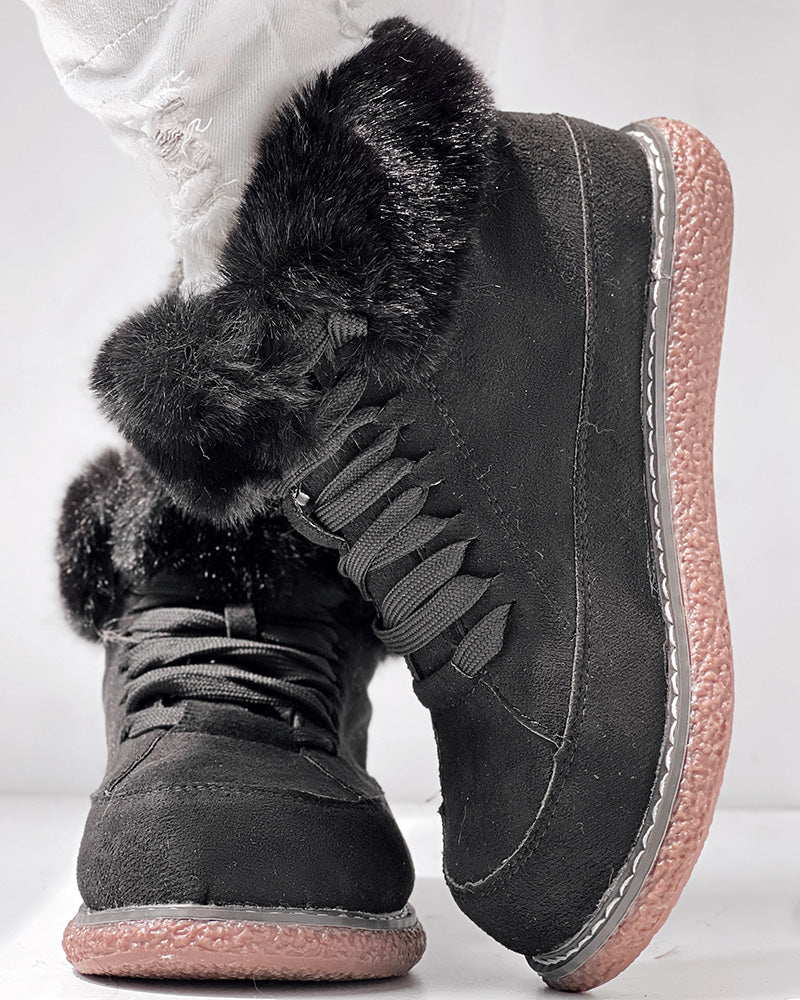 Fuzzy Detail Lined Lace-up Snow Boots