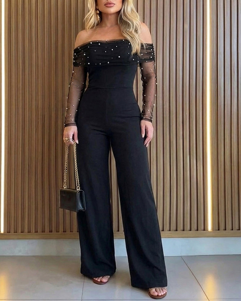 Women's Foldover Off Shoulder Pearl Mesh Jumpsuit Sheer Long Sleeve High Waist Flare Leg Jumpsuit with Pockets