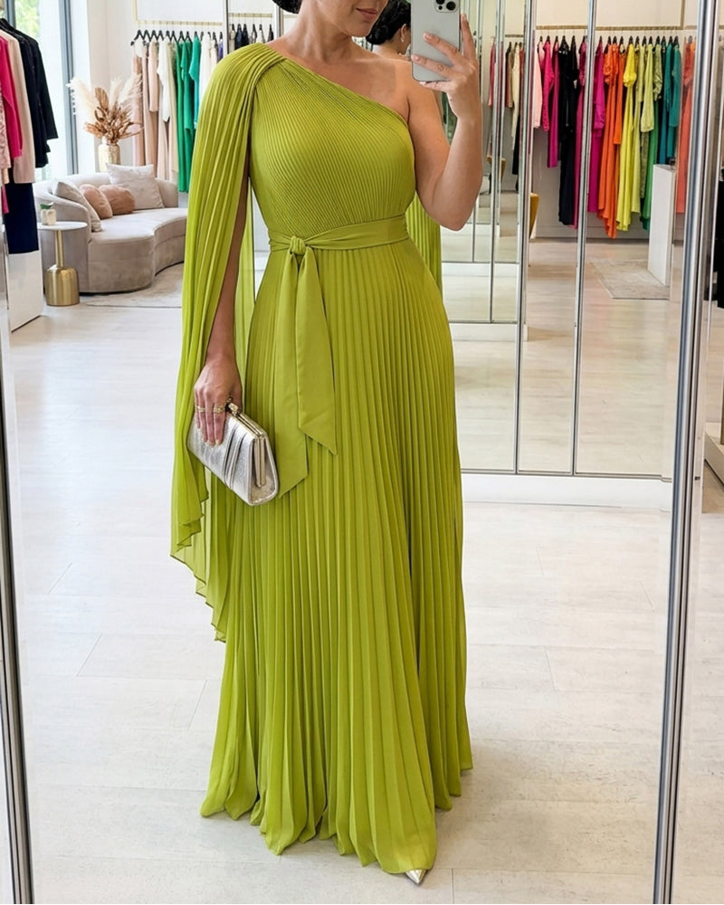 CHICME Women's One-Shoulder Pleated Maxi Dress Asymmetric Draped Cape Sleeve Twist Front Party Dress Elegant High-Waist Evening Dress