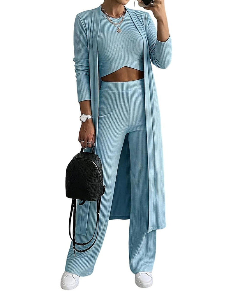CHICME ESSENCE Women's 3 Piece Knit Set Long Cardigan Criss Cross Crop Tank Top and Wide Leg Pants Casual Ribbed Brushed Lounge Set