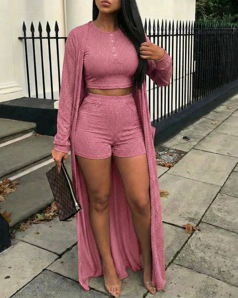 3 Pieces Outfit Henley Sleeveless Half Button Front Crop Tank Top and High Waist Elastic Waist Shorts Set with Longline Cardigan Casual Rhinestone Decor Set