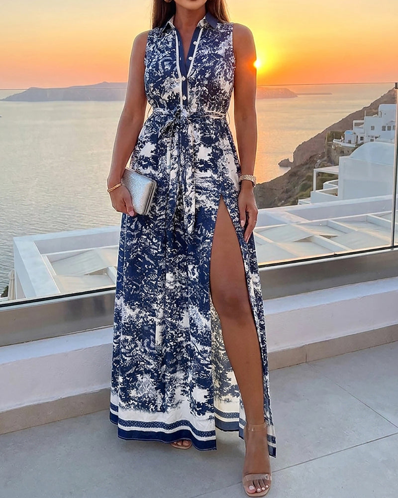 Vintage Ink Print Turn-down Collar Sleeveless Butto Front Maxi Dress Casual Zipper Back Tie Waist Side High Slit Vacation Dress with Belt