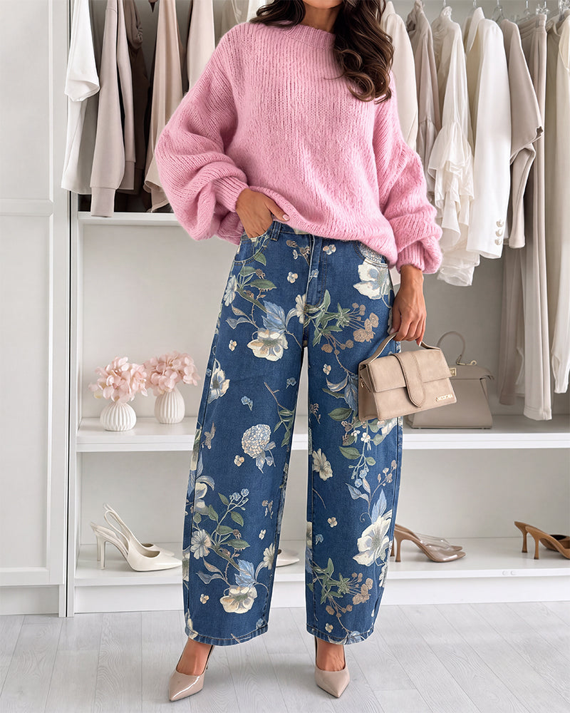 Women's Floral Printed Jeans High Waisted Barrel Denim Pants Vintage Relaxed Trousers