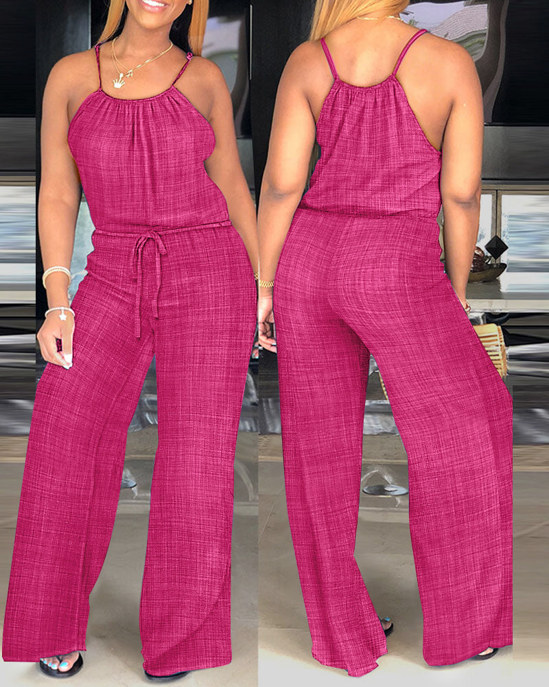Womens Spaghetti Strap Drawstring Tied Waist Jumpsuit Casual Overalls