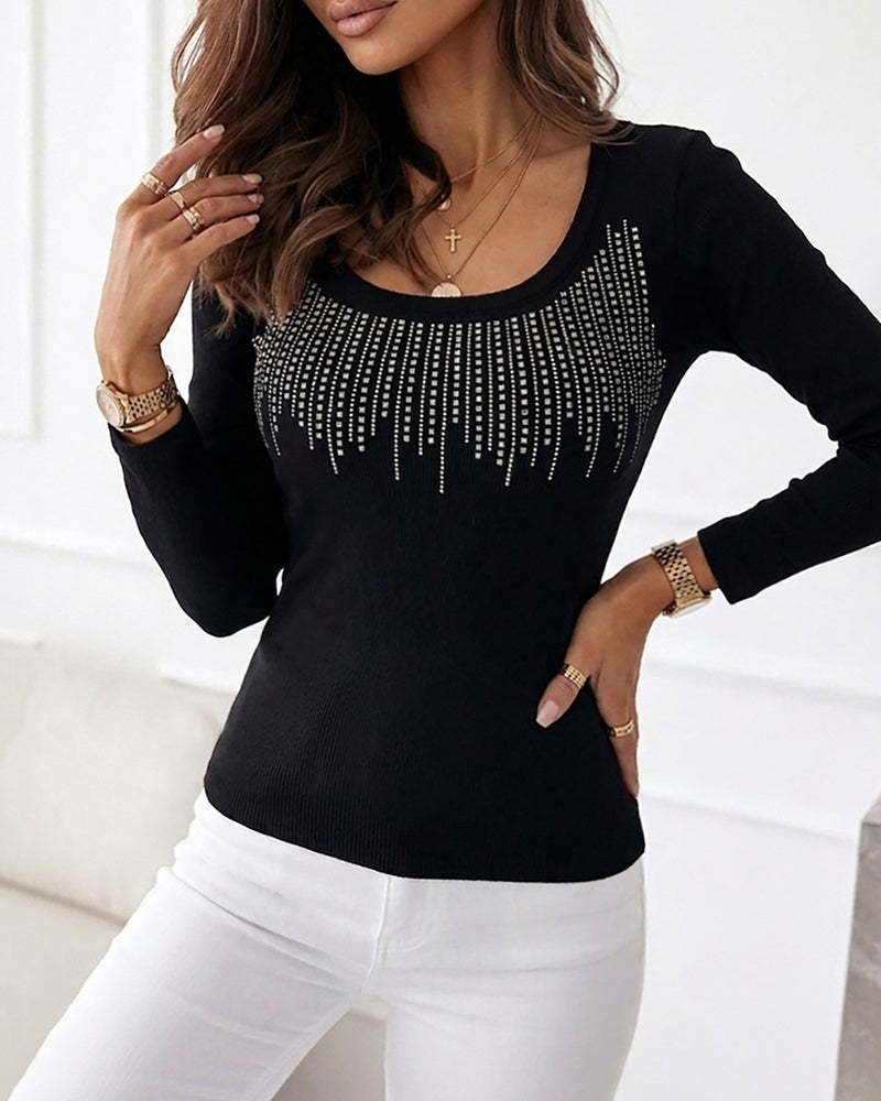 Women's Square Neck Long Sleeve Top Rhinestone Ribbed Knit Shirt Slim Fit Casual Sparkly Tee