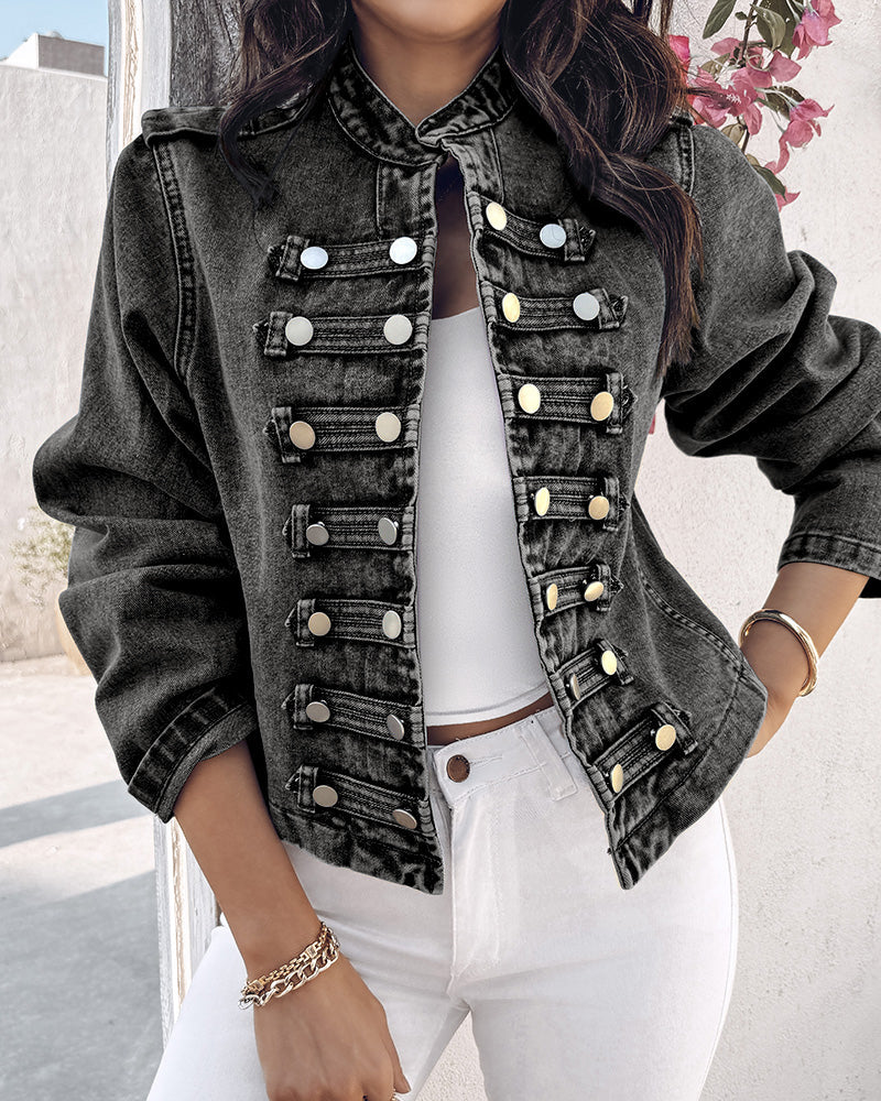 Button Decor Stand Collar Long Sleeve Jacket Casual Denim Coat
