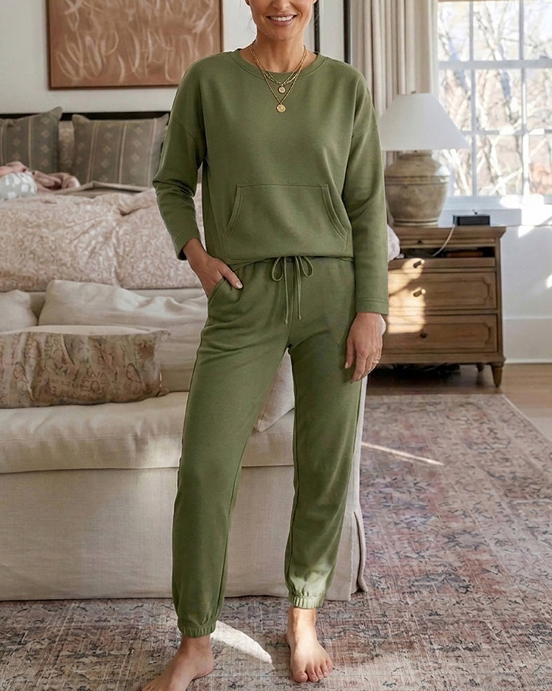 Women's 2 Piece Sweatsuit Set Crewneck Drop Shoulder Sweatshirt and High Waisted Drawstring Joggers Casual Lounge Set