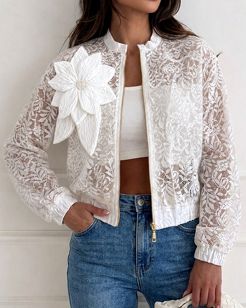 Women's Sheer Lace Bomber Jacket Lightweight Mesh See Through Crop Coat with Detachable 3D Floral