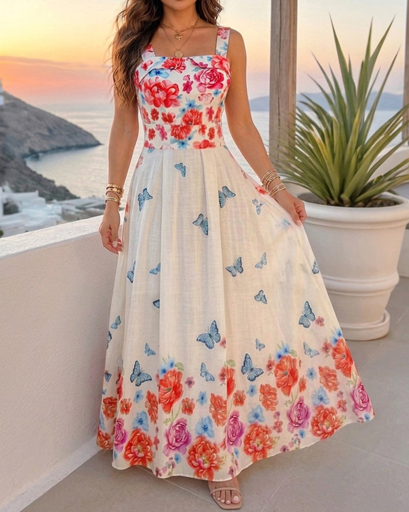 Women's Floral Butterfly Placement Print Cami Dress Shirred Back Sleeveless Vacation Sundress Casual Beach Maxi Dress