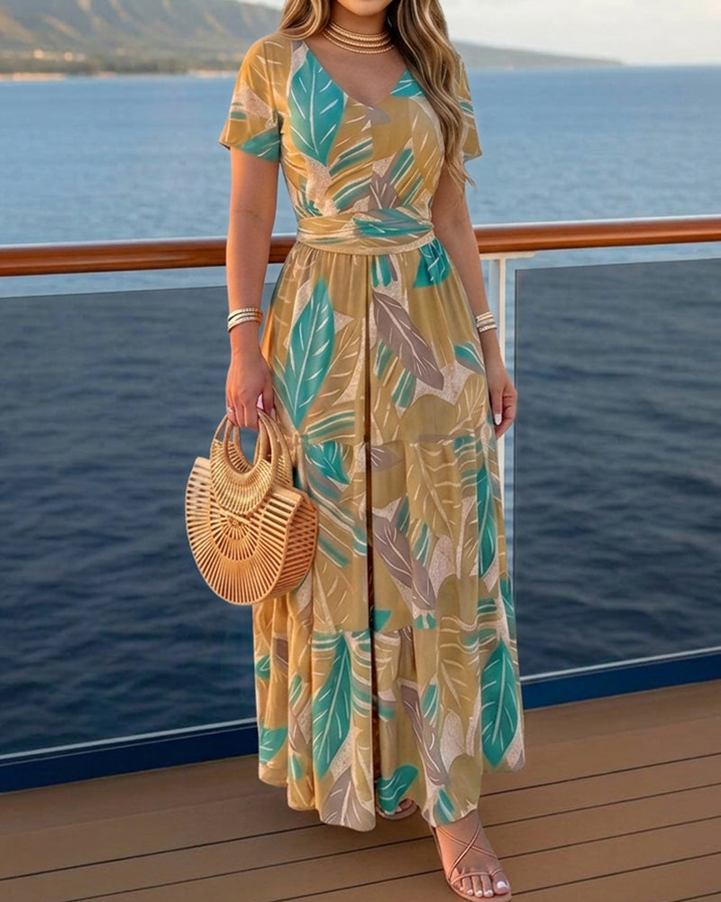 Plants Print V-Neck Short Sleeve Tie Waist Maxi Dress Casual Cinched Waist Ruffle Hem Vacation Dress