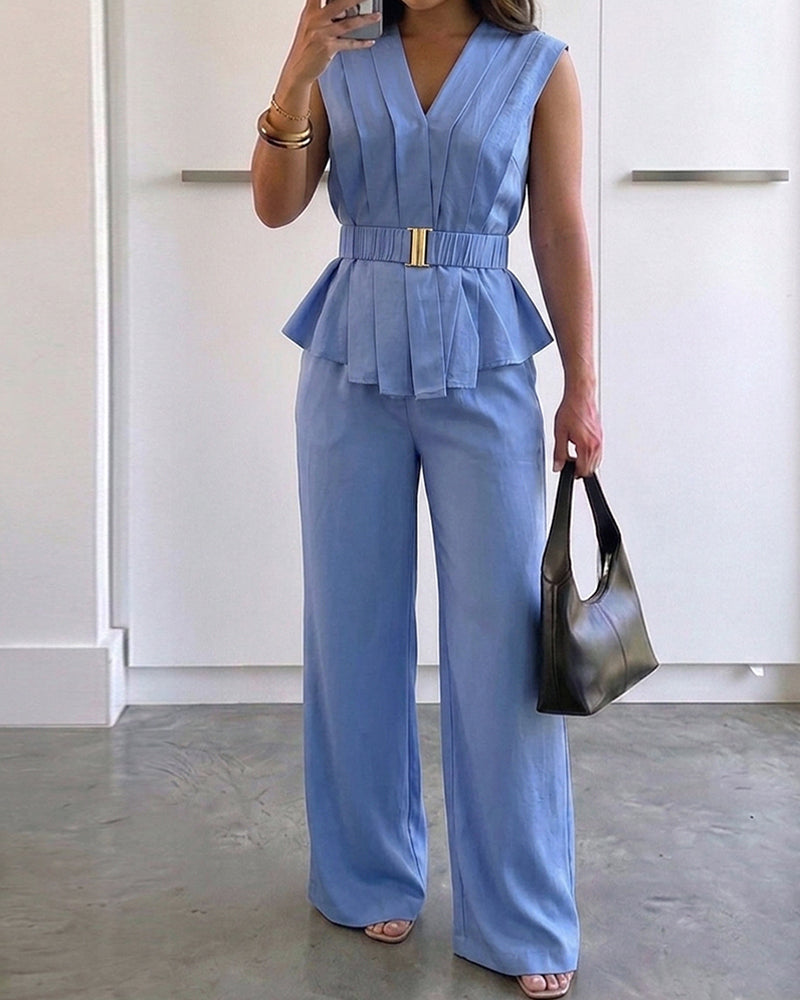 2 Pieces Outfit Pleated Design Deep V-Neck Sleeveless Asymmetrical Hem Top and Casual Elastic Waist Wide Leg Pants Set with Detachable Belt