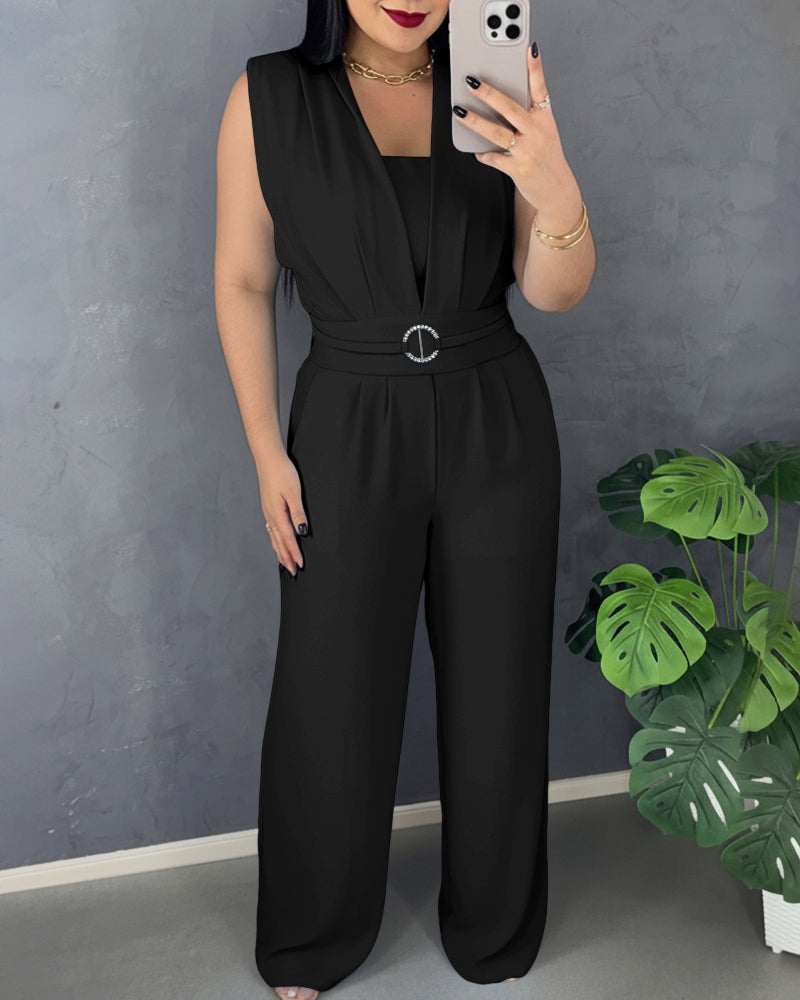V Neck Lace-Up Waist Meatl Buckle Jumpsuit Casual Shirred Wide Leg Romper