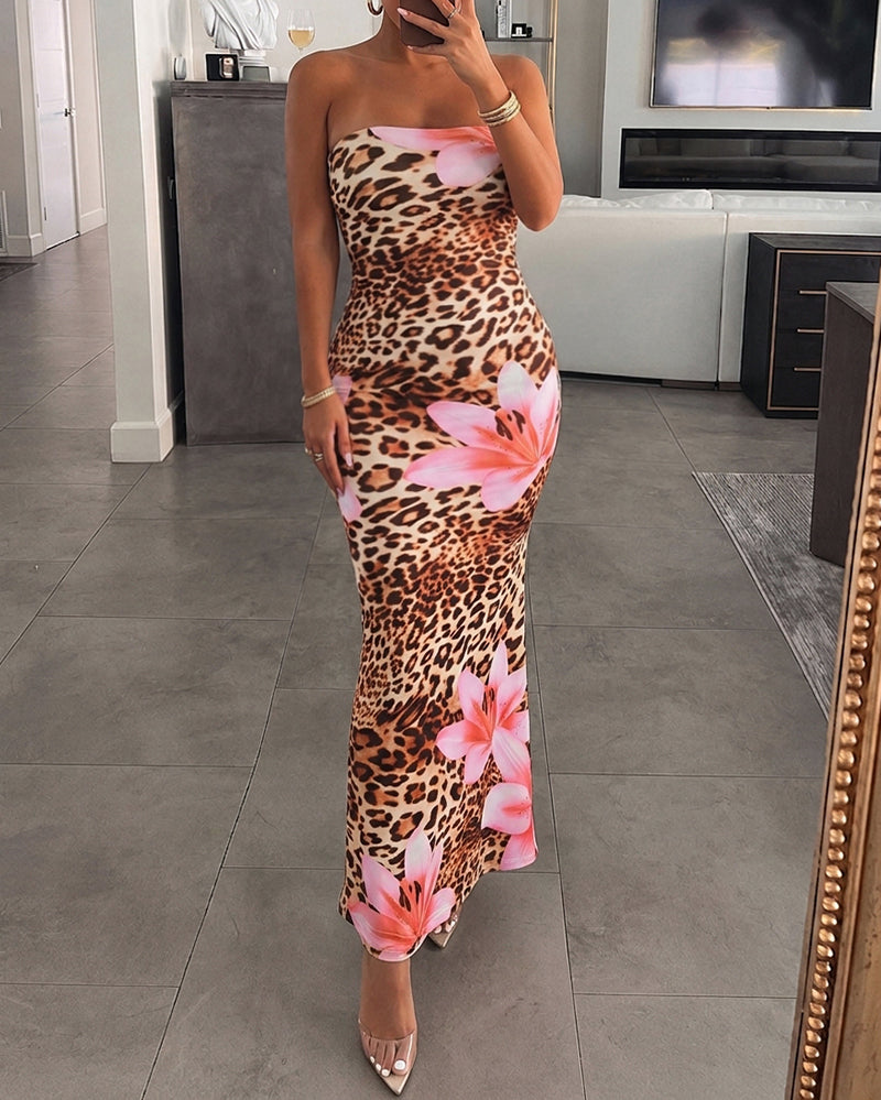 Women's Strapless Leopard Floral Print Mermaid Dress Sleeveless Bodycon Maxi Dress Tropical Vacation Party Gown